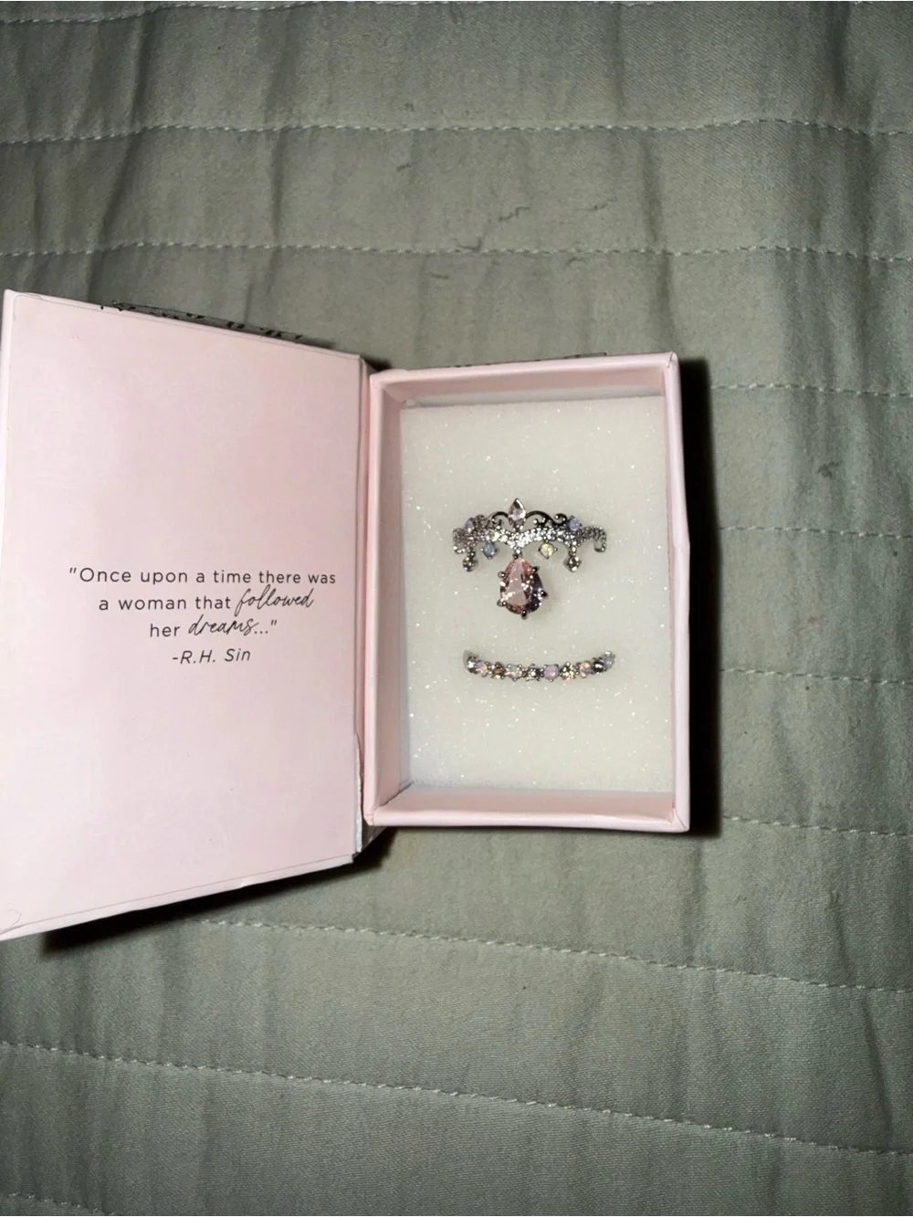 Silver-Tone Ring Set with Pink Crystal Teardrop